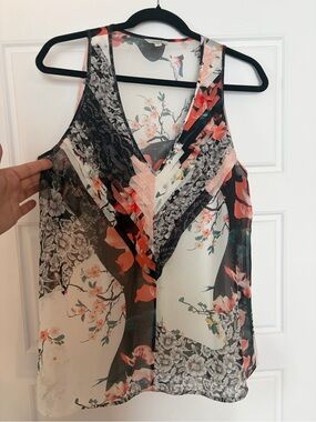Guess Sheer Floral Sleeveless Blouse | Pleated V-Neck | Size Medium